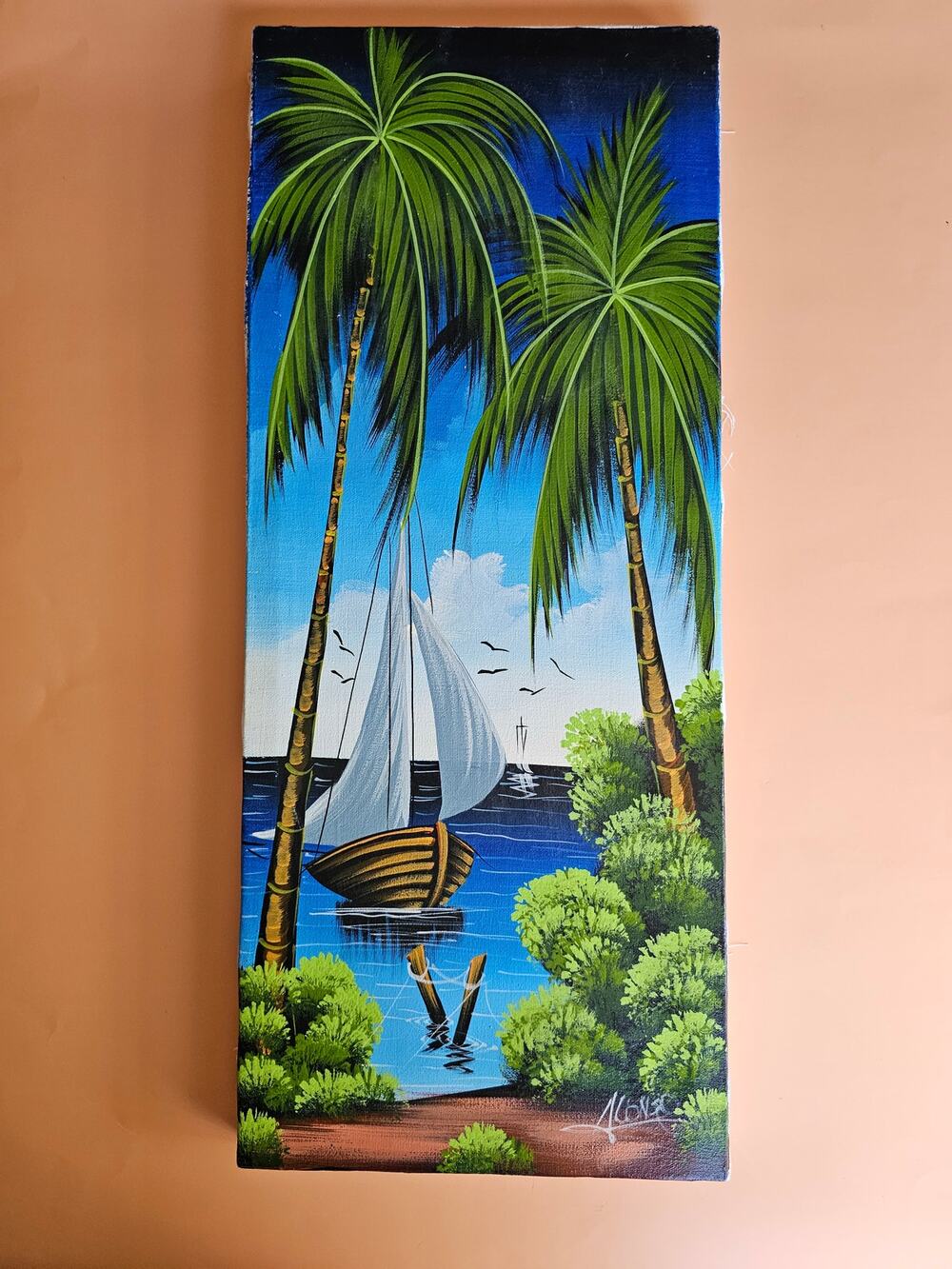 Vintage Tropical OOAK Painting Wall Decor Signed Canvas 24x10